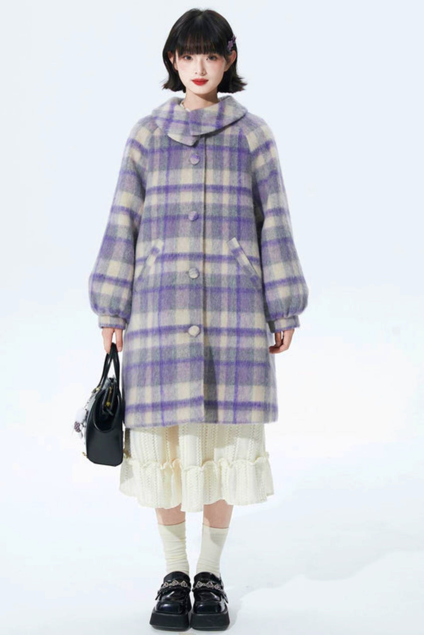 Purple Plaid Woolen Coat