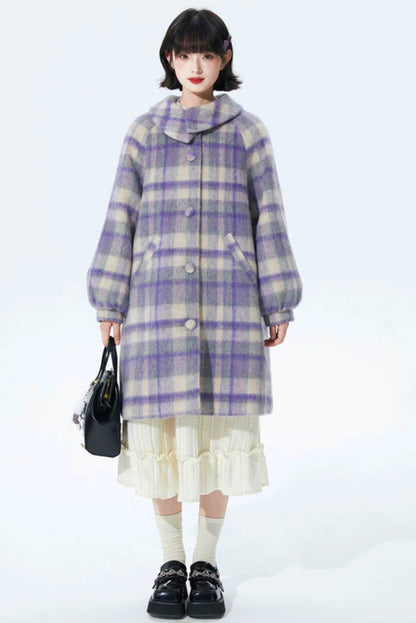 Purple Plaid Woolen Coat