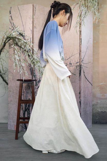 Ensemble élégant haut ample drapé en jacquard blanc cassé + jupe