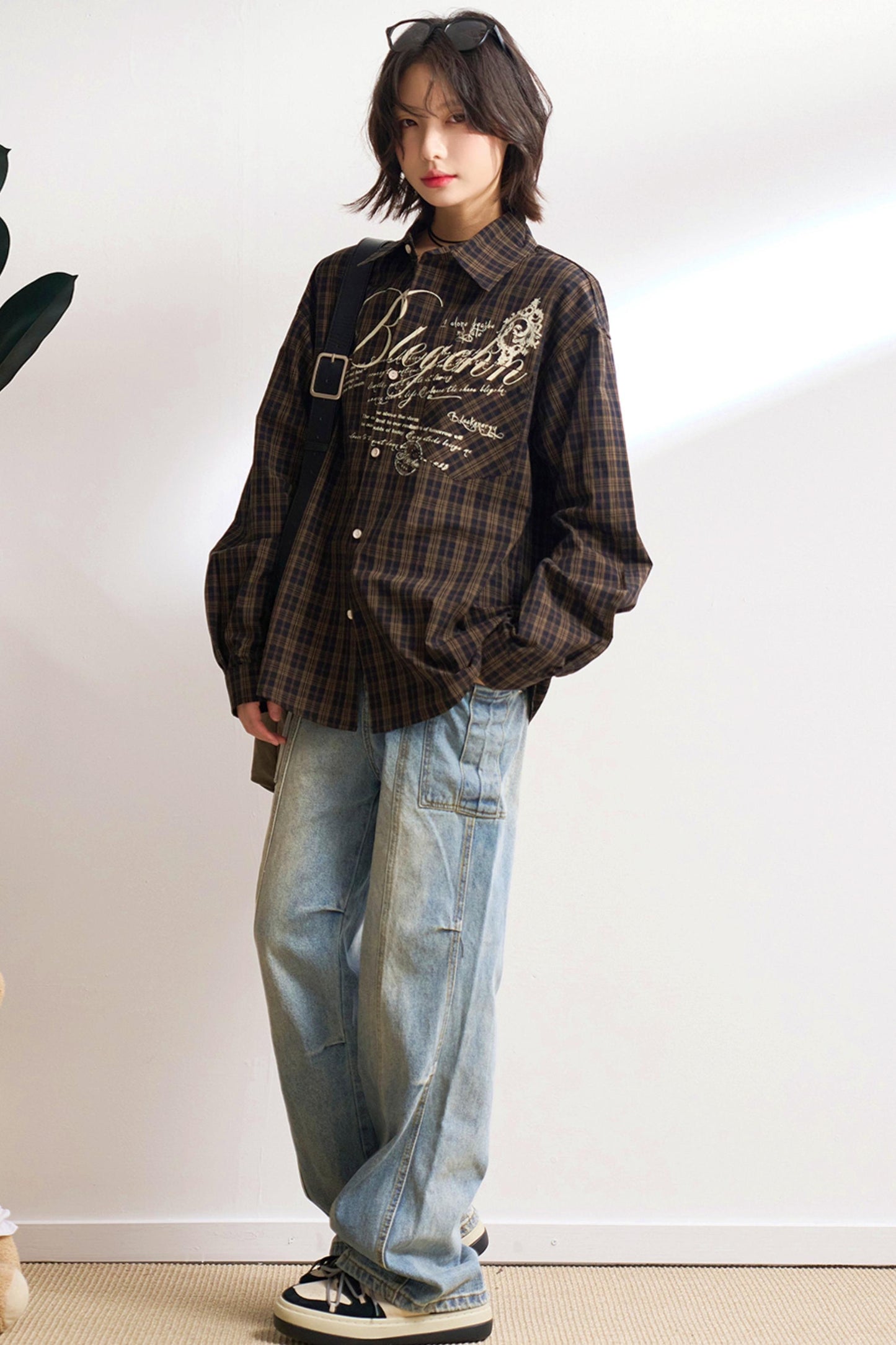 Oversized letter-print check shirt