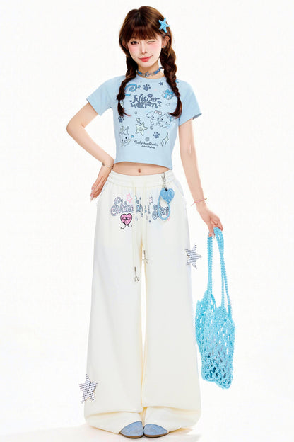 Star Decorated Wide Loose Pants