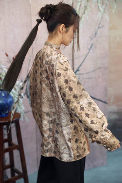 Retro Art Print Satin Choker Blouse
