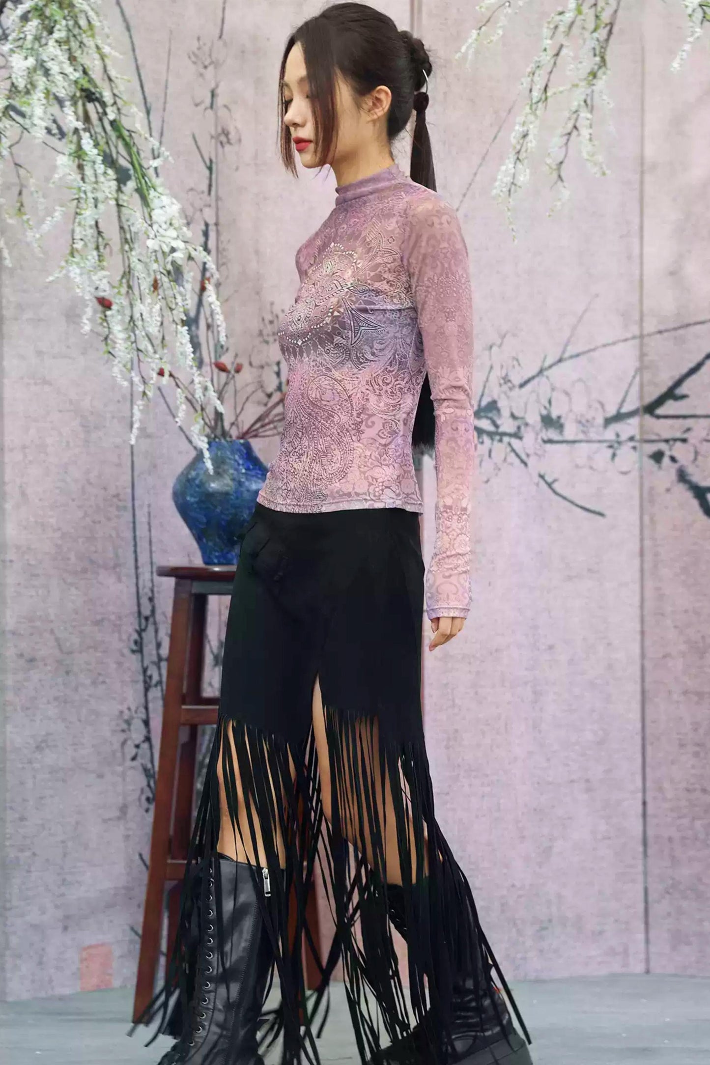 Elegant Purple Paisley Sheer Top