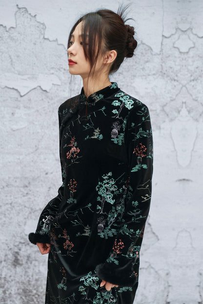 エンブロイダープラッシュチョンサムドレス