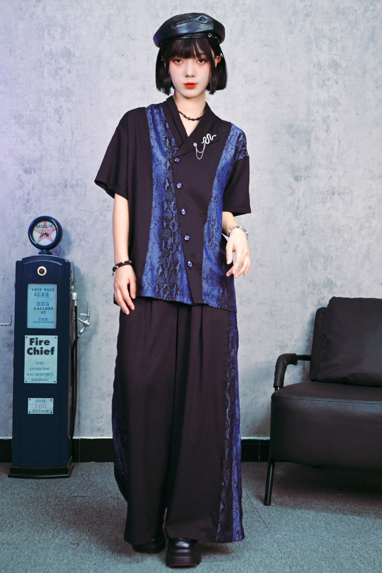 Asymmetrical Collar Snake Print Shirt (with Snake Motif Brooch)