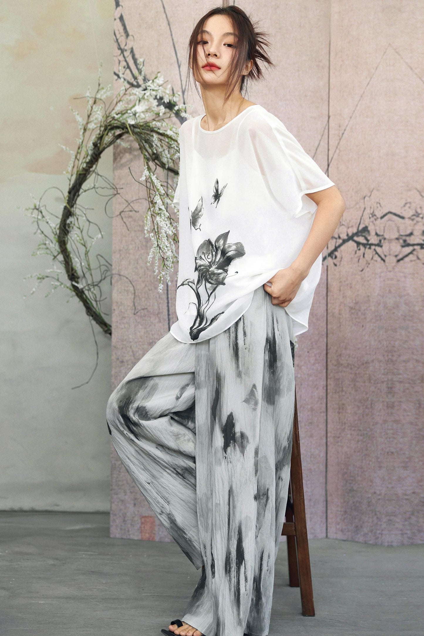 Gray Gradient Print Blouse + Easy Pants