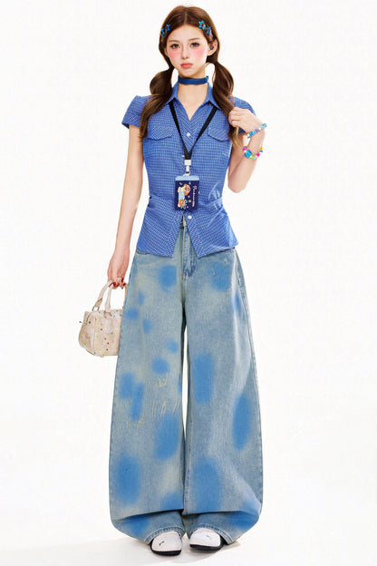 Marble Wash Wide Leg Denim Pants