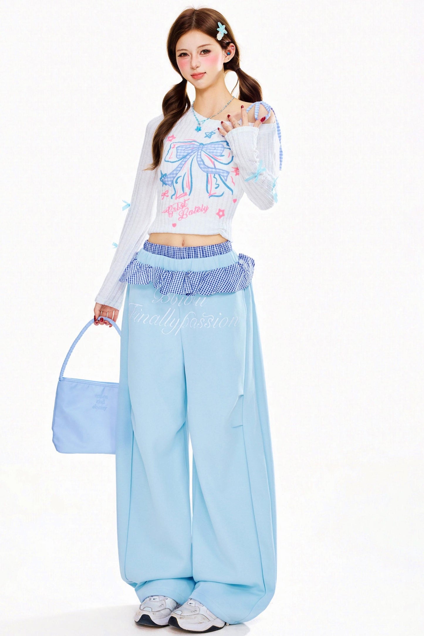 Check Ruffle Wide Leg Pants