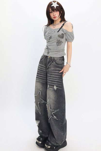 Y2K Star Patch Wide-Leg Jeans