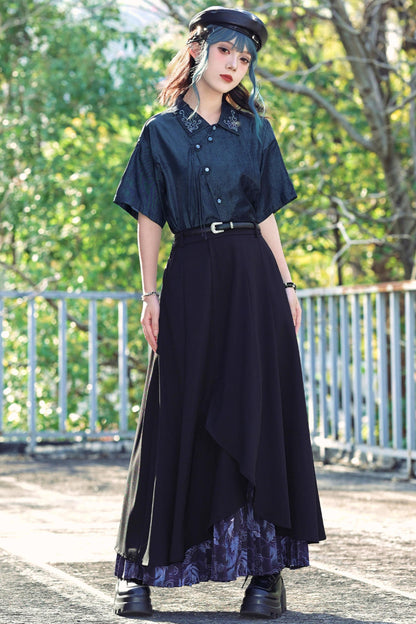 Embroidered Color Asymmetrical Chinese-Style Shirt