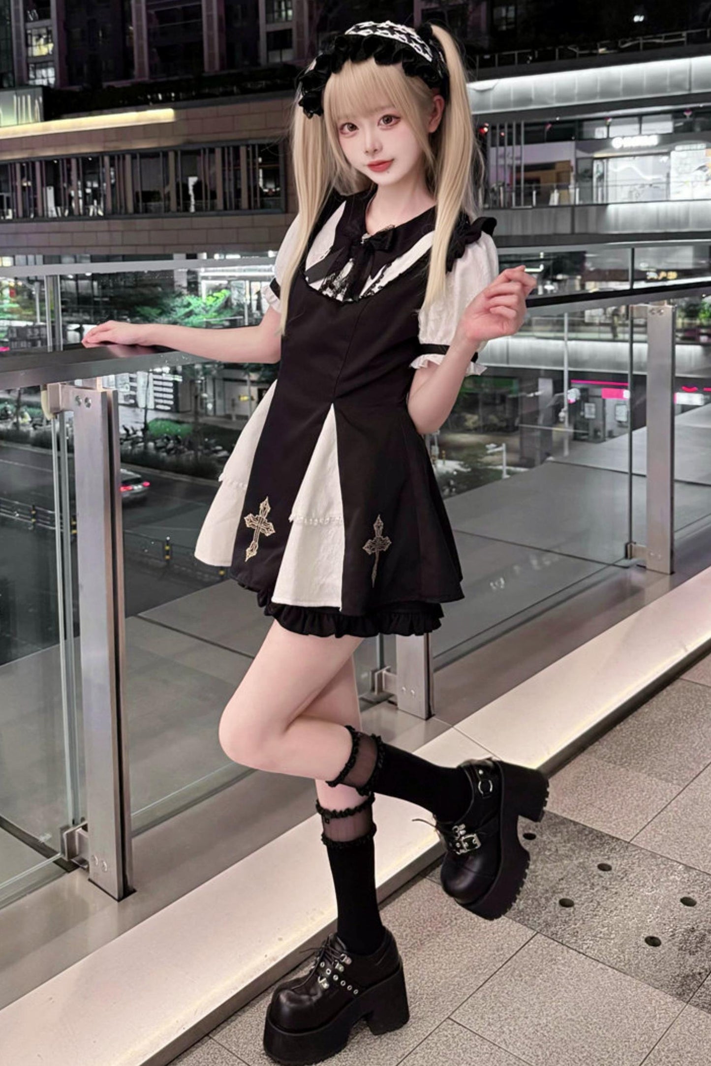 Dark Kawaii Cross Lace Dress + Shorts