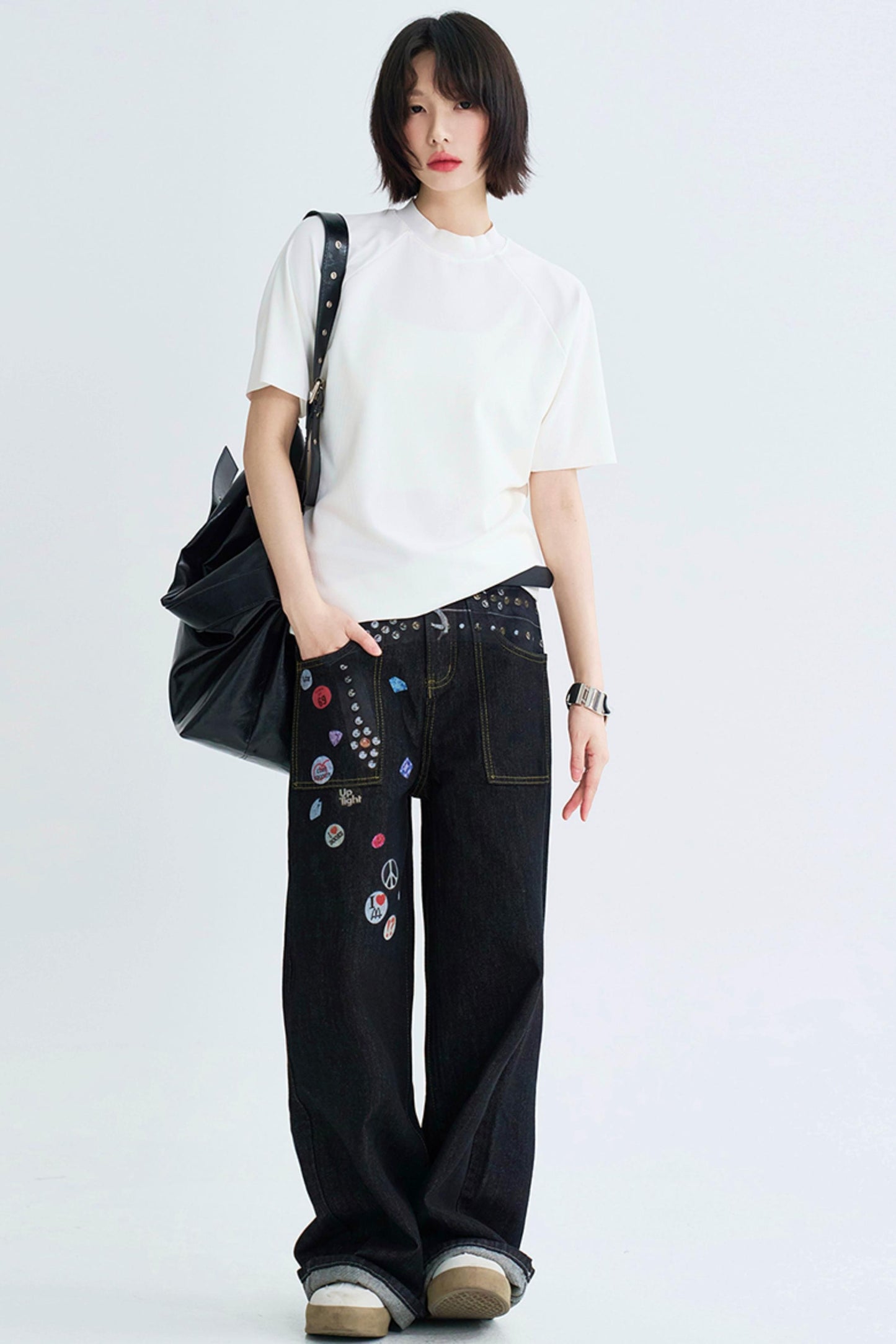 Retro Print Straight Leg Denim Pants