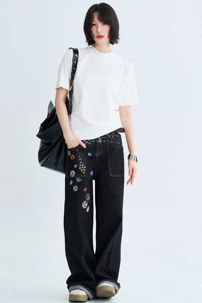 Retro Print Straight Leg Denim Pants