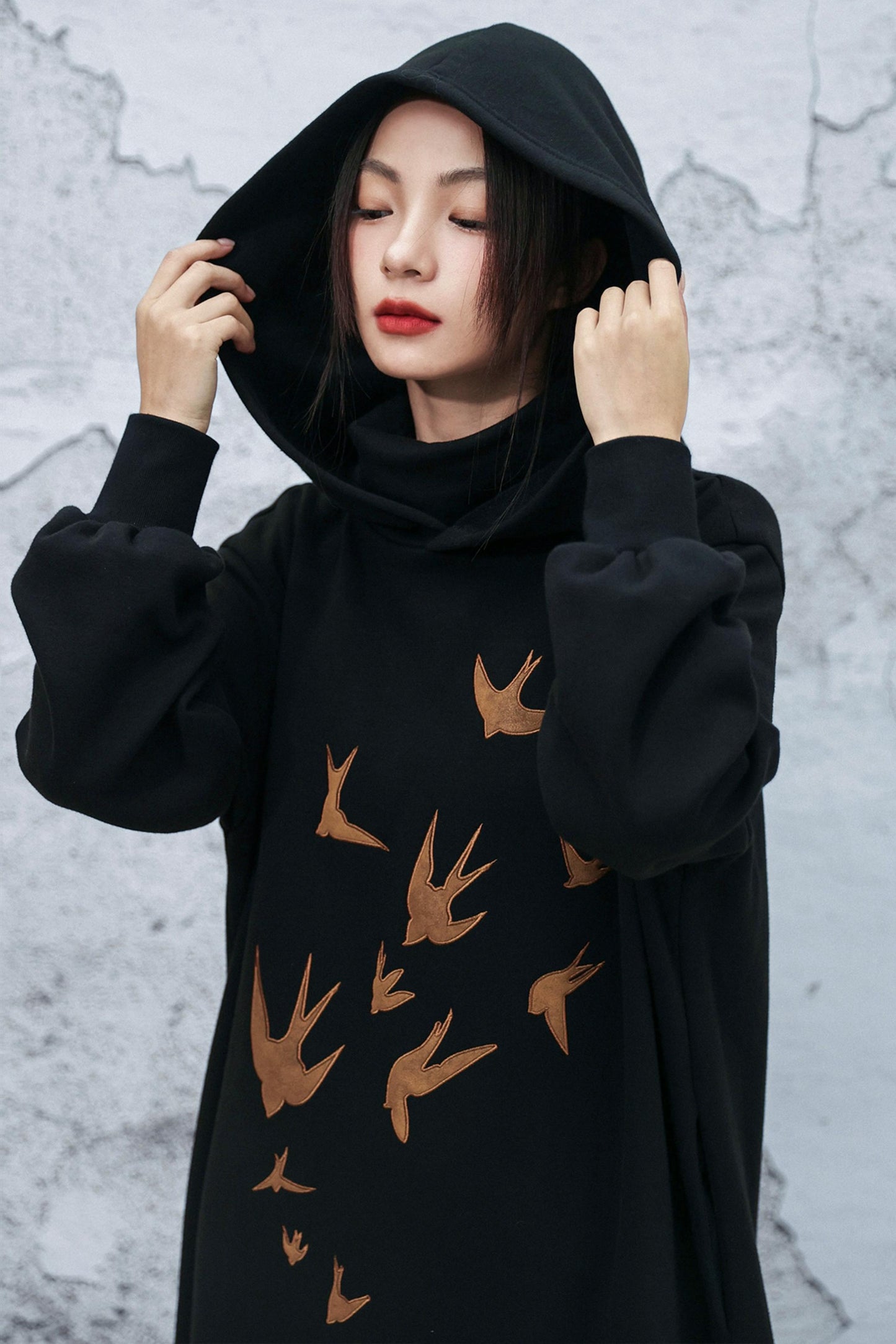 チャイニーズフリースラインフーデッドドレス