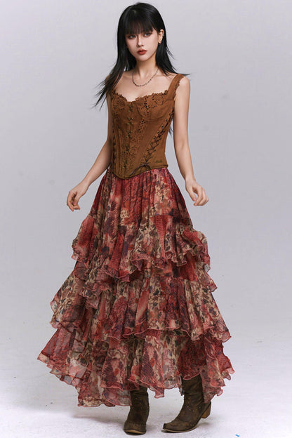 Red Floral Tiered Skirt