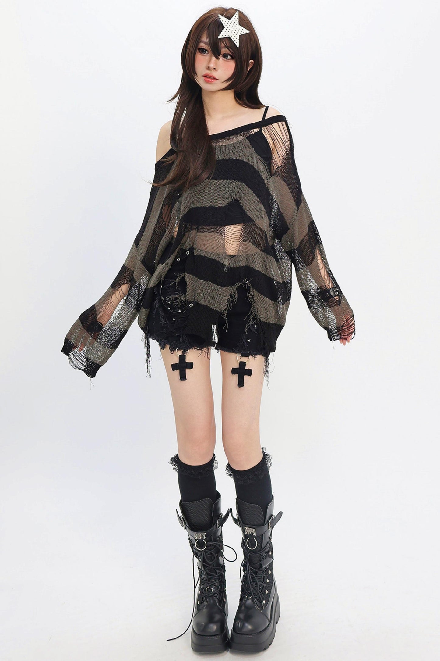 Striped Distressed Mesh Knit