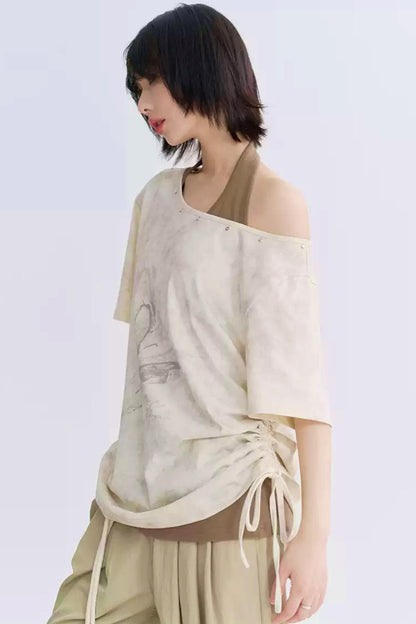 Wide Neck Butterfly Print Tee Shirt