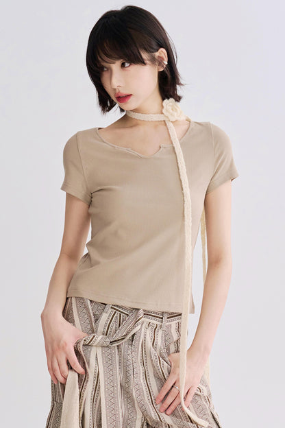 Ribbed Large Neckline Cropped Tee Shirt