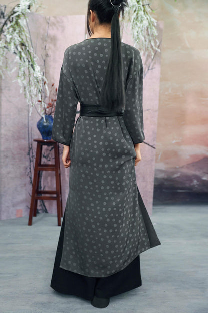Dot Print Chinese Slit Long Dress