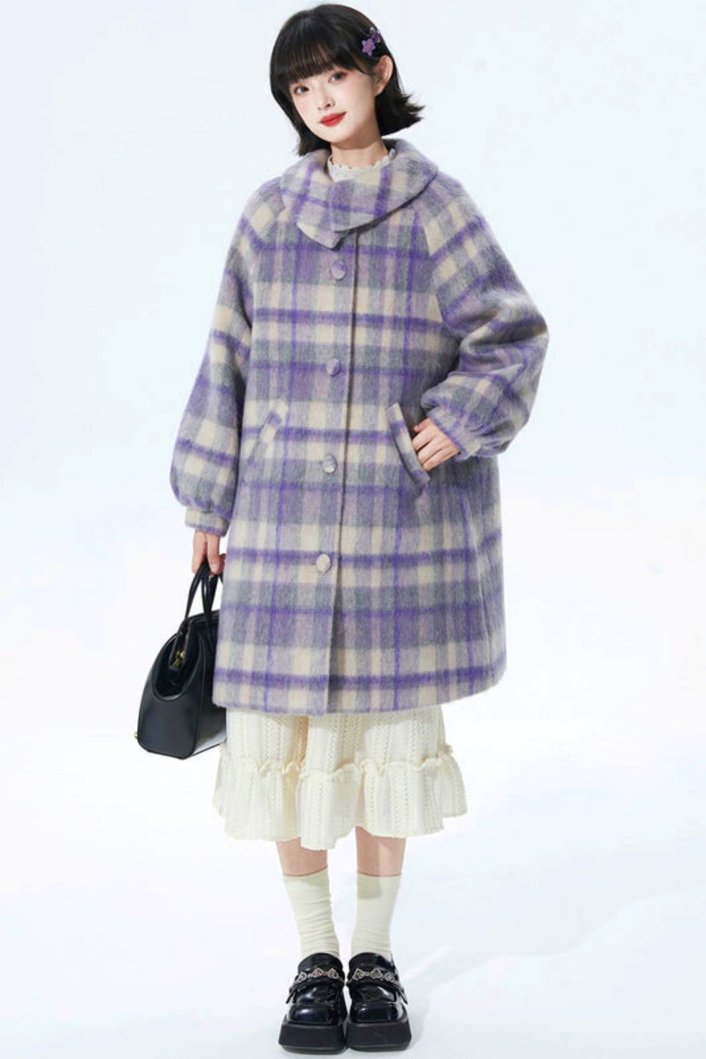 Purple Plaid Woolen Coat