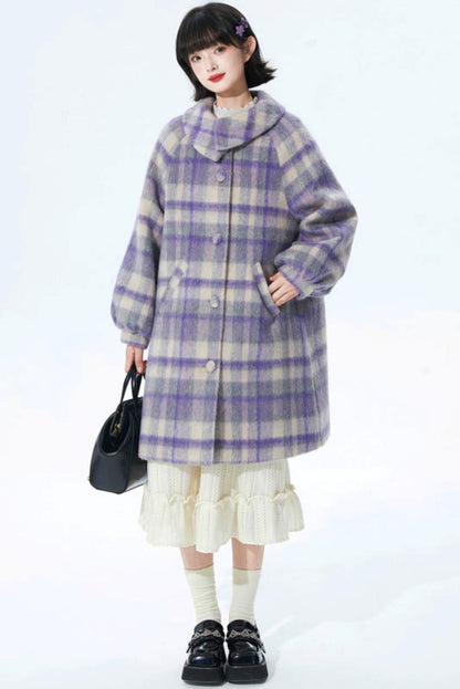 Purple Plaid Woolen Coat
