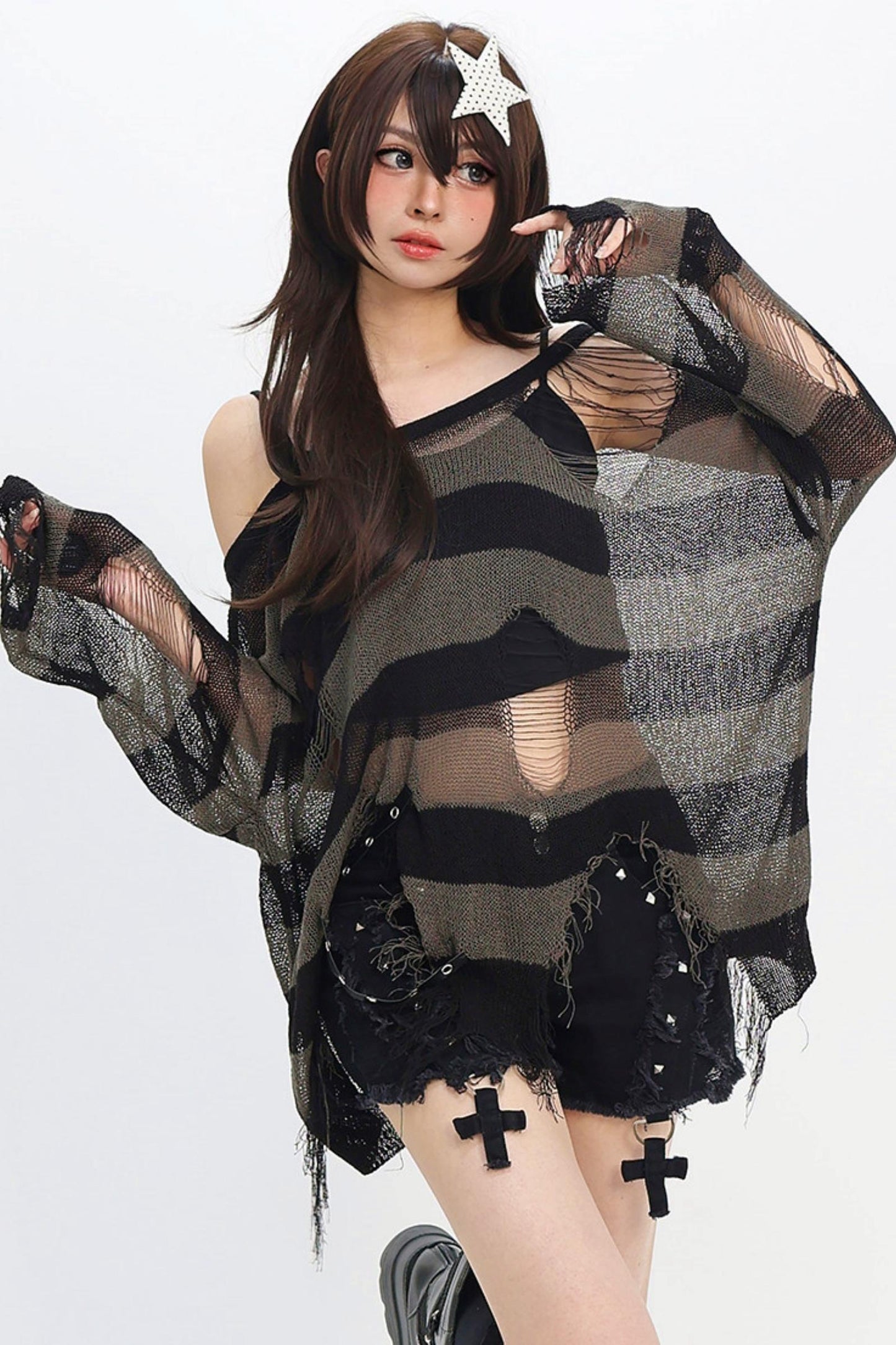 Striped Distressed Mesh Knit