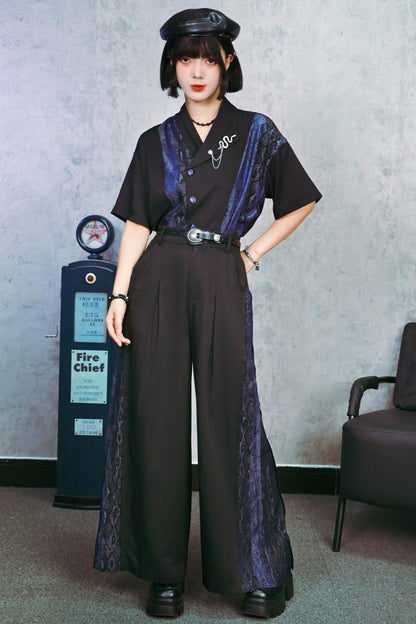 Asymmetrical Collar Snake Print Shirt (with Snake Motif Brooch)