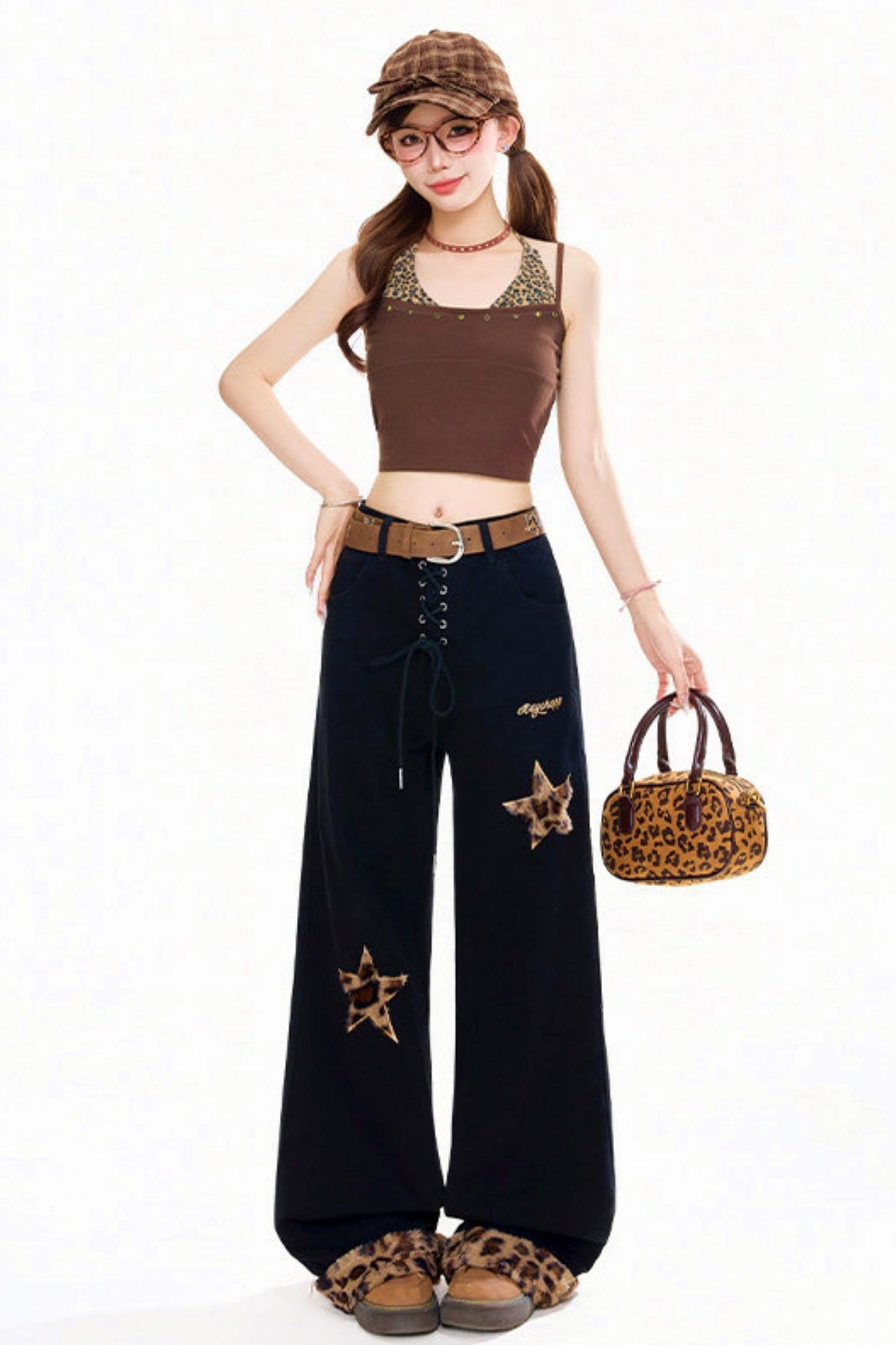 Leopard Star Wide Denim Pants
