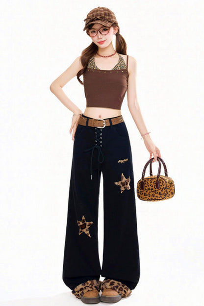 Leopard Star Wide Denim Pants