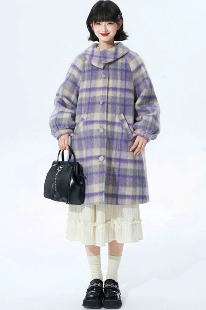 Purple Plaid Woolen Coat