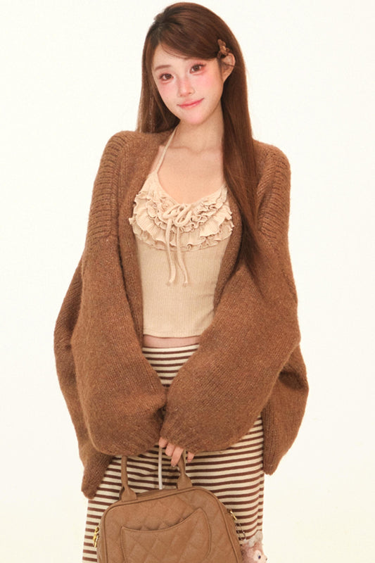 ソフトブラウンラッフルドニットカーディガン+トップス
