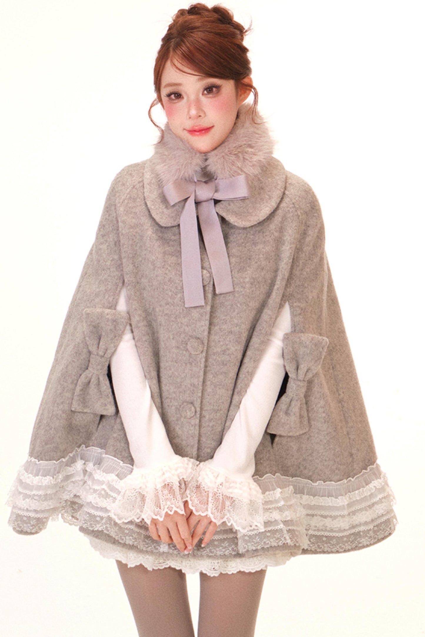 Lace-Trim Cape Coat + Top + Scarf