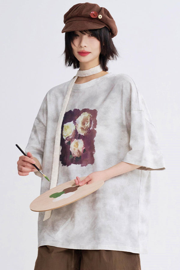 ローズプリントタイダイTシャツ