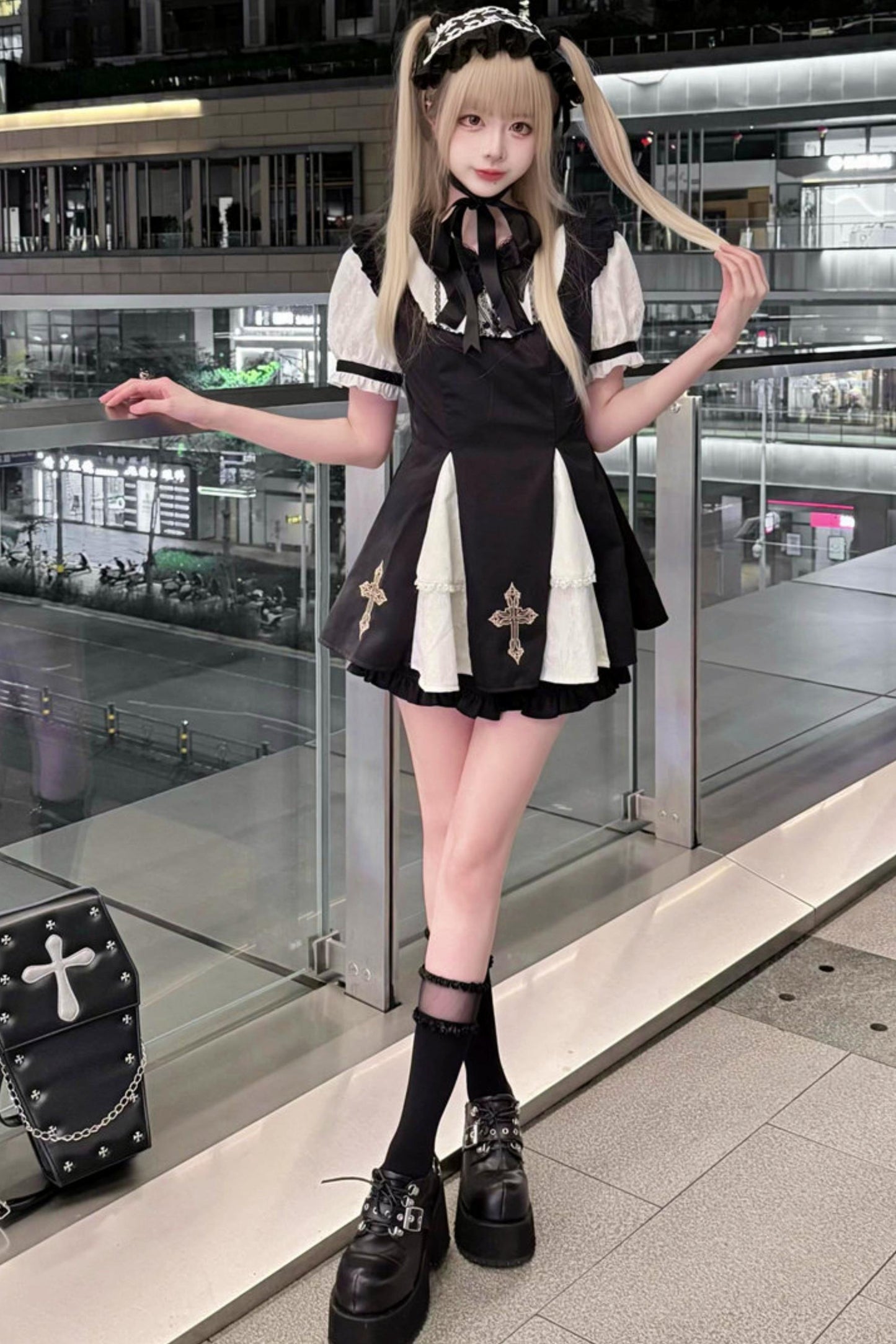 Dark Kawaii Cross Lace Dress + Shorts