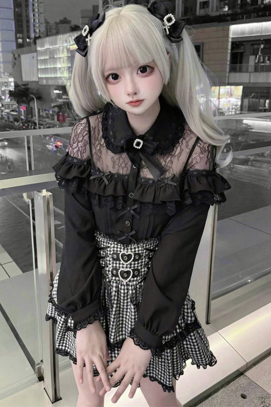 Chemise Noire Dark Kawaii Dentelle + Accessoires