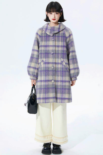 Purple Plaid Woolen Coat