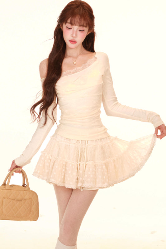 레이스 패치워크 니트 탑 + 스커트