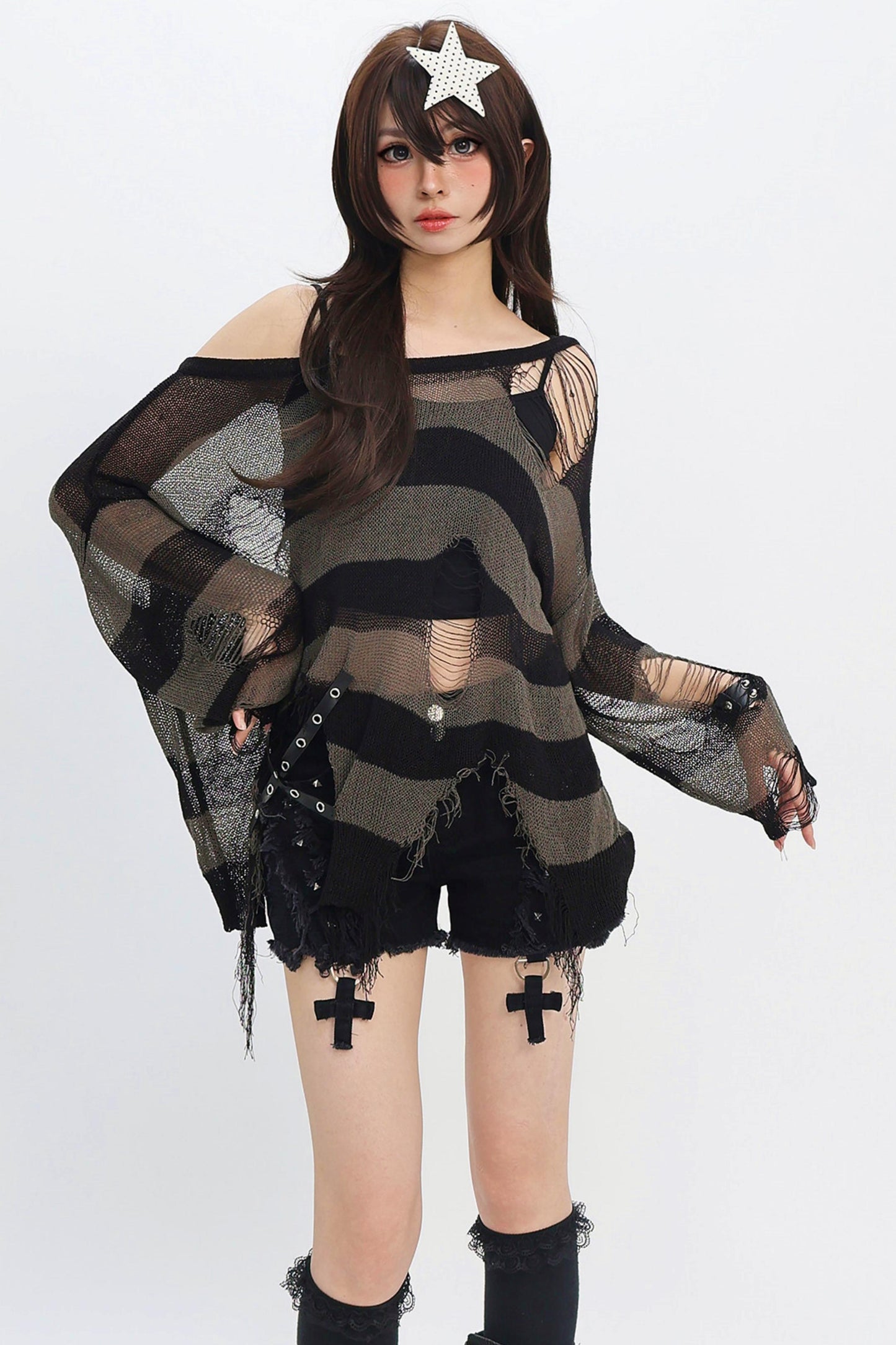 Striped Distressed Mesh Knit