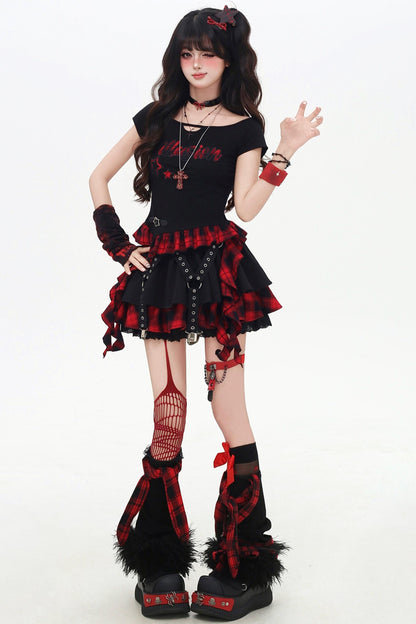 チェックリボンスリムTシャツセットアップ