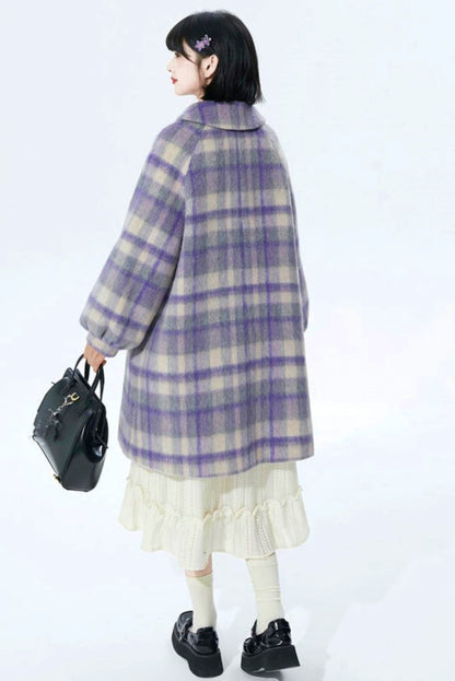 Purple Plaid Woolen Coat