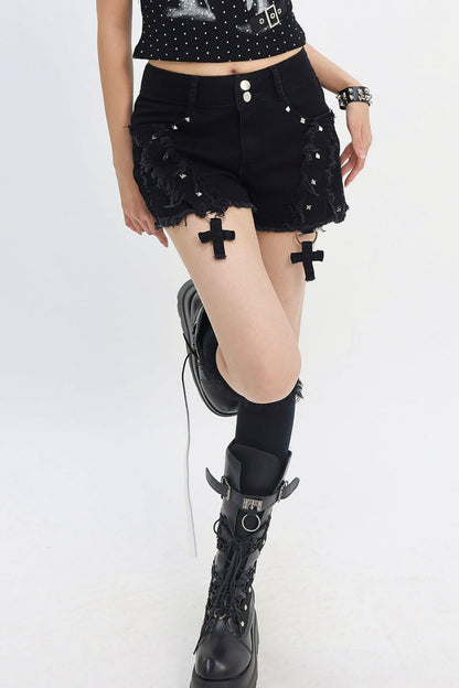 Cross Charm Distressed Shorts