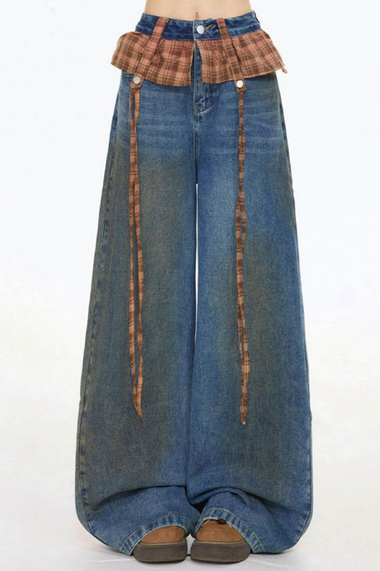 レトロプラッドパッチワークデニムパンツ