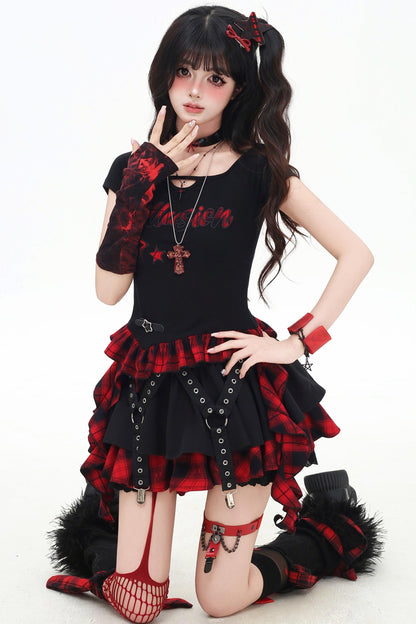 チェックリボンスリムTシャツセットアップ