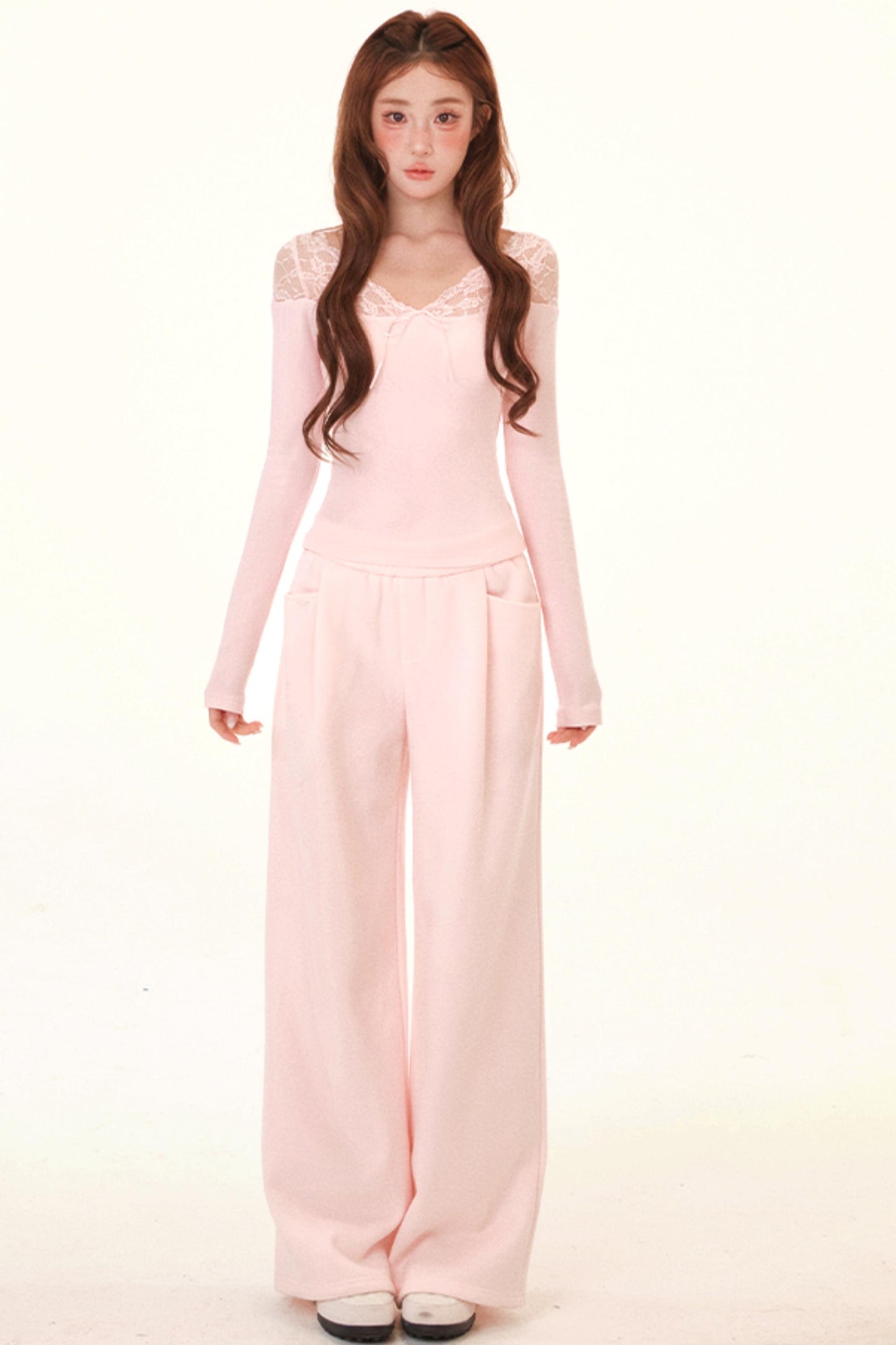 Brushed Lace Patchwork Blouse + Hem Sweatpants