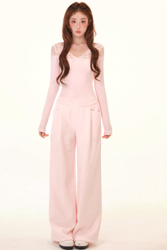 Brushed Lace Patchwork Blouse + Hem Sweatpants