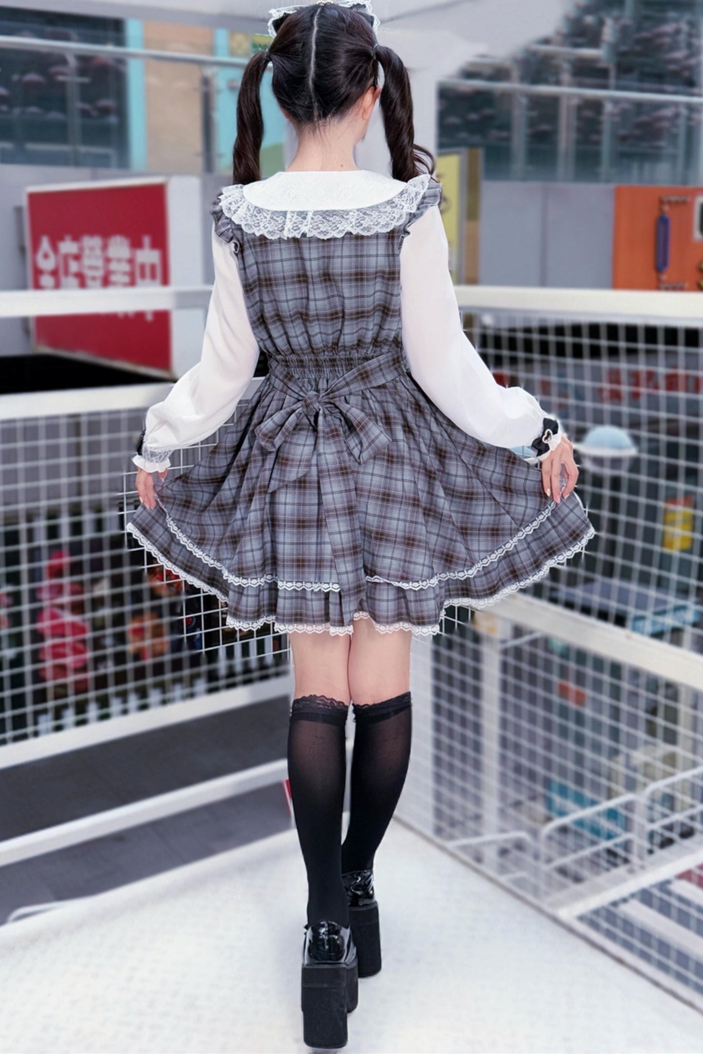 Robe Sweet Girly Grise à Carreaux et Ruban