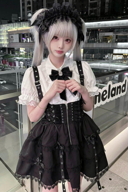 Dark Kawaii Suspender Skirt + Top + Headpiece Set