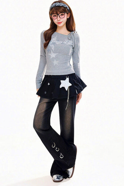 Retro Black Star Flared Pants