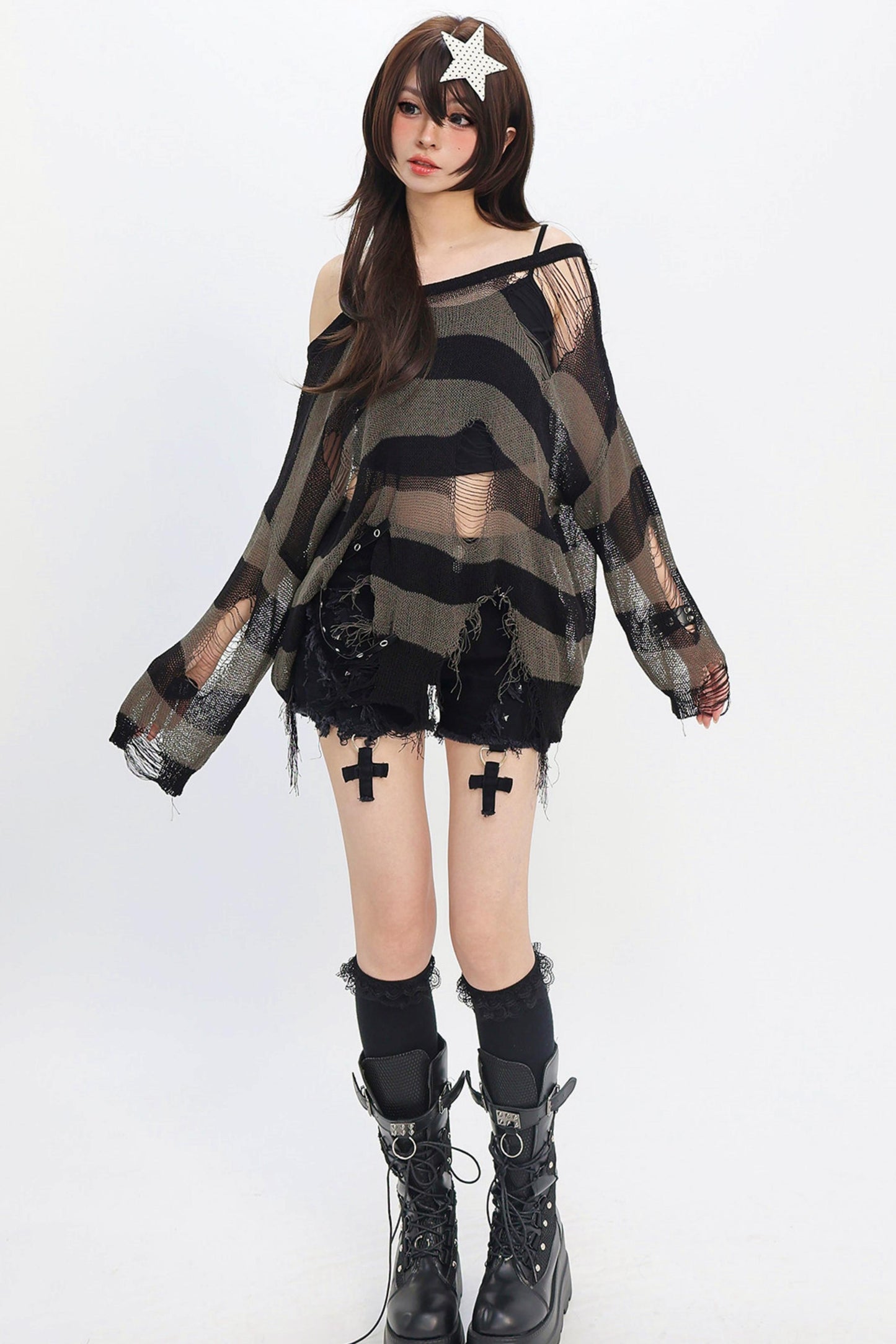 Striped Distressed Mesh Knit