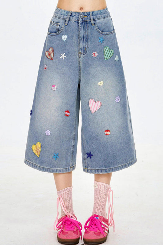 スターハートパッチワーククロップドパンツ